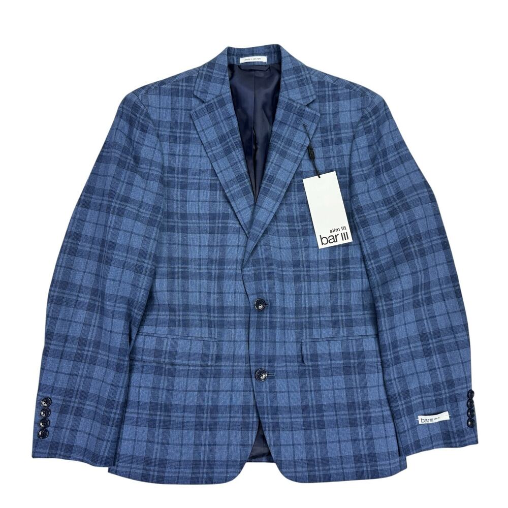 Bar III Mens Linen Blend Slim Fit Plaid Sport Coat Blue 36S